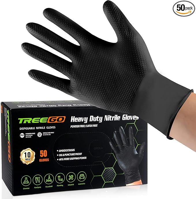 TREEGO 10 Mil Nitrile Gloves Large - Disposable Heavy Duty Rubber Gloves, Raised Diamond Texture Mechanic Gloves, Latex Free Industrial Work Gloves for Garage & Tools, 50 Count