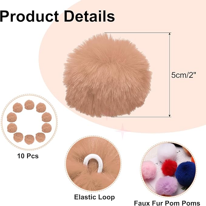 uxcell 2 Inch Faux Fur Pom Pom Balls, 10 Pcs Khaki Fluffy Soft Faux Fur Pom Poms for Hats with Elastic Loop for DIY Knitting Hats Keychain Scarves Gloves Bags Shoes Accessories