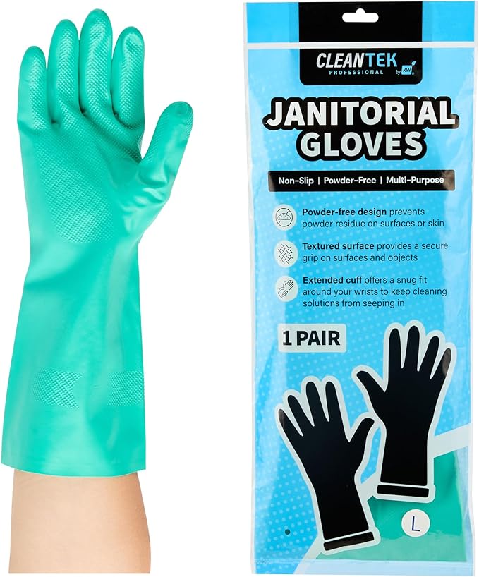 Restaurantware Green Cleaning Gloves 10 Pairs 15 Mil Thick Large Heavy-Duty Nitrile Gloves With Long Cuff No-Latex Flock Lining For Use In Hospitals, Laboratories, Kitchens and Households