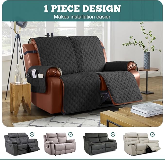 Ruaozz Waterproof Recliner Sofa Covers, 1-Piece Couch Covers for Reclining Couches Reclining Couch Cover Washable Furniture Protector with Elastic Straps Pocket for Kids Pets (Black, 2 Seater)