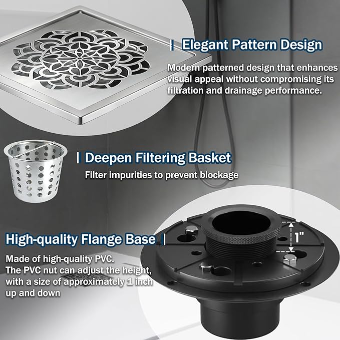 6 Inch Shower Drain, Square Shower Floor Drain Kit with Flange and Removable Cover Grate, AISI 304 Stainless Steel, Brushed Nickel