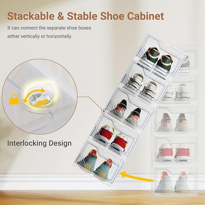 XX-Large Shoe Sneaker Storage Boxes for Size 14, Stackable & Thicken Clear Plastic Shoe Organizers 16 Packs for Entryway Closet Under Bed, Shoe Storage Cabinets Container Display Case w/ Magnetic Door