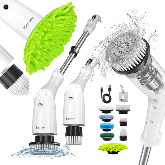 Barumi Electric Spin Scrubber – 3 Spin Modes, LED Control Panel, Adjustable Head Angles, Full Extension, Perfect for Bathroom, Kitchen, Tub, Floor & Cars – 8 Replaceable Brushes with Microfiber Pad
