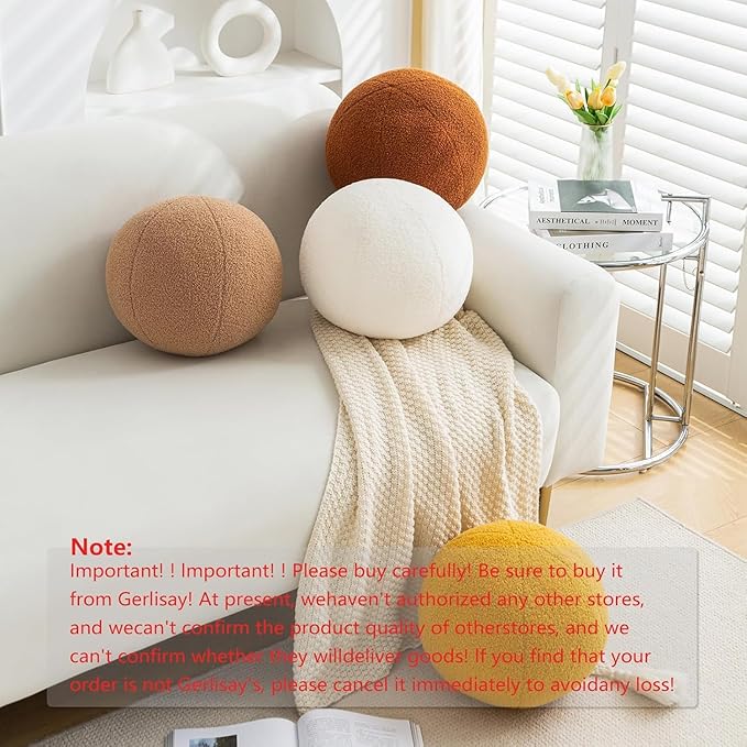11.8 inch Ball Pillow Round Decorative Pillow Beige Sphere Shaped Throw Pillows Soft Nordic Style Boucle Pillows Cushion for Bed Couch Living Sofa Room Decor