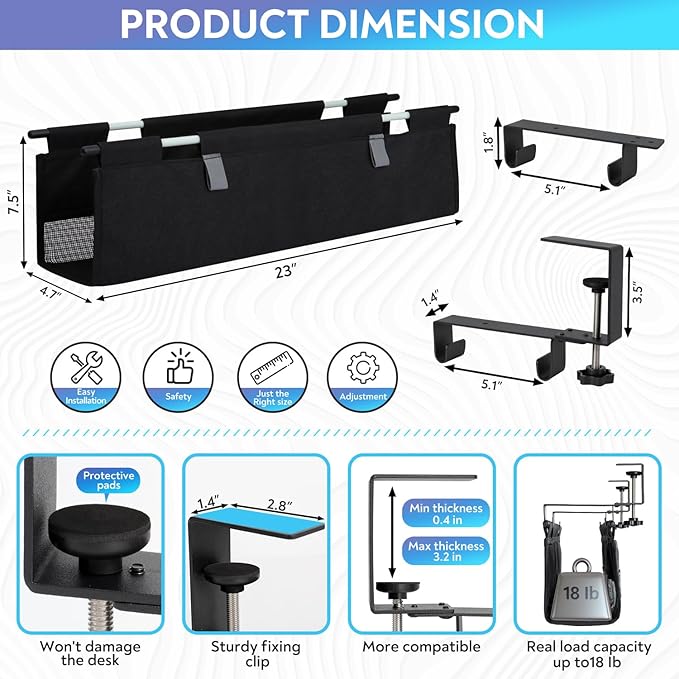 Under Desk Cable Organizer with Mesh Slot for Ventilation, Quick Mount with Clamp or Screws to Hold Fabric Cable Tray, Kit for Tidy Cord & Wire Management for Home Office Standing Desk