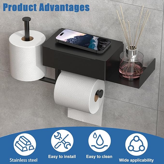 Toilet Paper Holder with Shelf, Flushable Wipes Dispenser Fits, SUS304 Stainless Steel Wall Mount Toilet Paper Roll Holder, Matte Black Toilet Paper Holder with Shelf 3-Roll Capacity