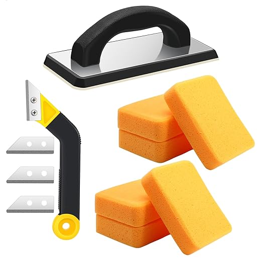Blulu 11 Pcs Grout Float Sets Include 9.5 x 4 Inch Molded Rubber Grout Float, 6 Sponge, Angled Tile Saw with 3 Blades Replacement, Removal Tool for Masonry Stucco Drywall Concrete (Black)