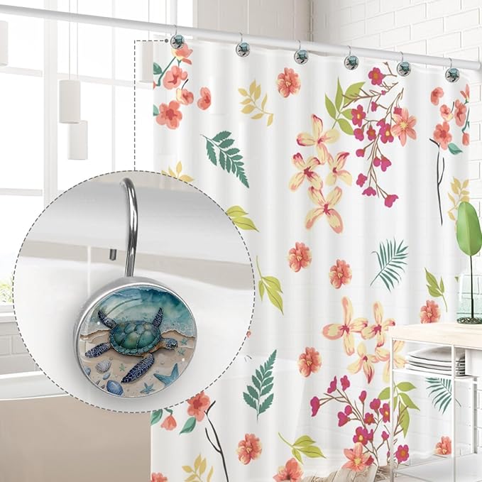 Beach Sea Turtle Shower Curtain Hooks Rings, Stainless Steel Rust Proof Shower Curtain Hooks, Decorative Shower Hooks for Bathroom Shower Rods Curtains, Set of 12