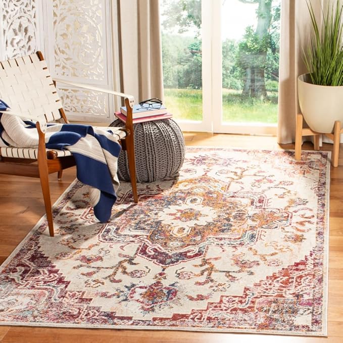 SAFAVIEH Crystal Collection Area Rug - 5' x 8', Light Blue & Burgundy, Medallion Distressed Design, Non-Shedding & Easy Care, Ideal for High Traffic Areas in Living Room, Bedroom (CRS501F)