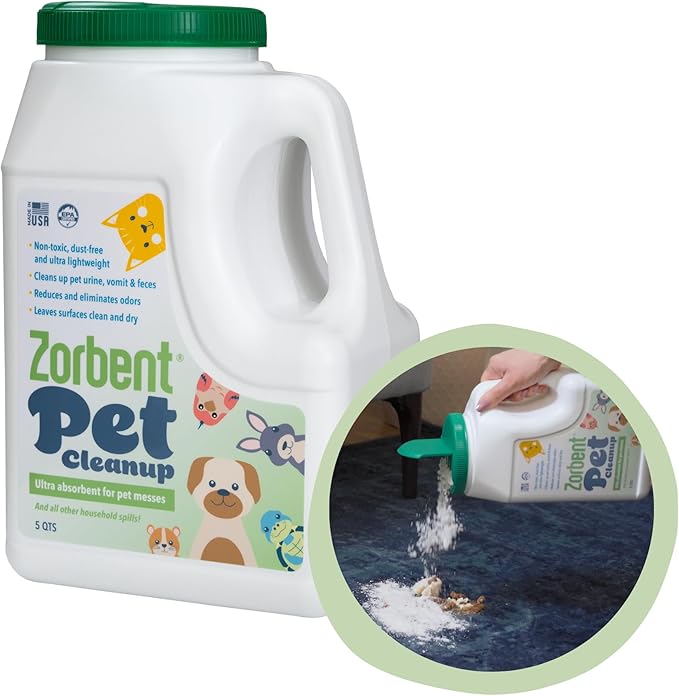 Zorbent Pet Accident Cleanup – Odor Remover for Dog & Cat Messes. Absorbs 1 Gallon. Pet-Safe Cleaner for Urine, Vomit, Poop & Accidents on Hardwood, Tile, Vinyl, Concrete, Short Carpet & Rugs, 5 qt
