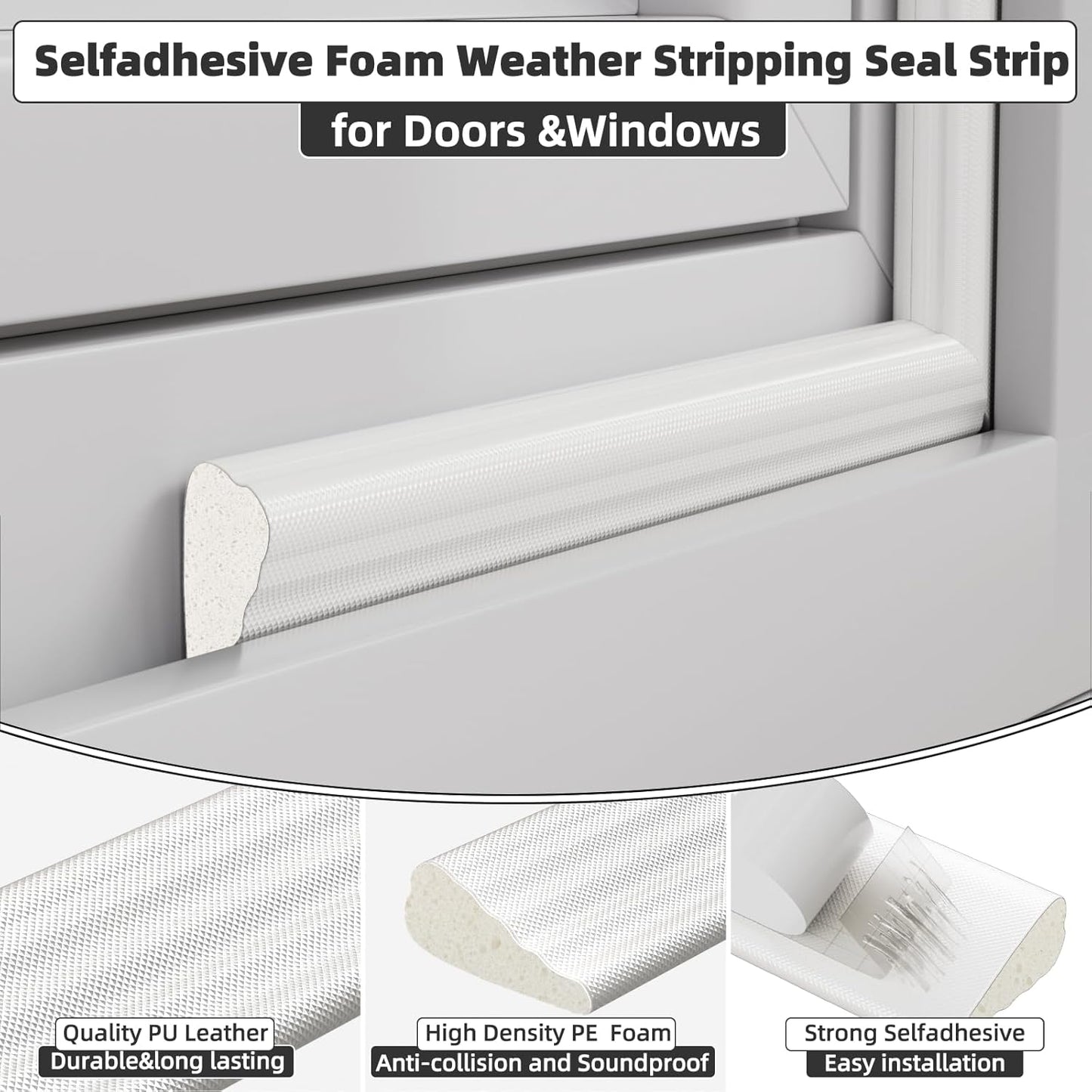 Weather Stripping Door & Window Seal – Self-Adhesive Foam Draft Stopper, Soundproof & Insulating (3-Pack, 16.4FT Each)