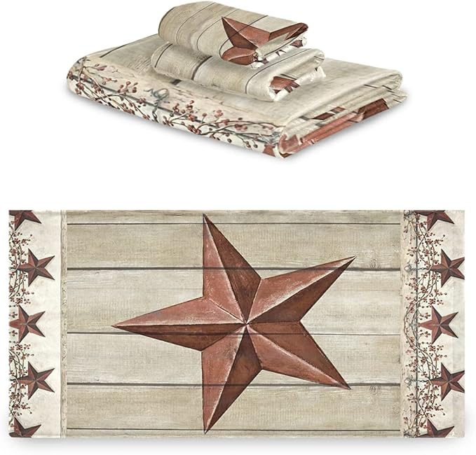 Rustic Bath Towels Set,Soft Absorbent Western Texas Star Primitive Berries on Country Wooden Barn Plank 3 Piece Luxury Bathroom Towels,1 Bath Towel,1 Hand Towel,1 Washcloth for Spa,Gym