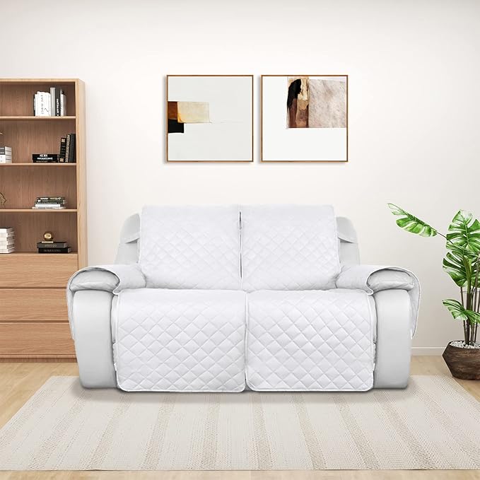 PureFit Water Resistant Reversible Sofa Covers for Reclining Sofa 2 Seat - Non Slip Split Recliner Couch Cover for Double Recliner, Washable Furniture Protector for Kids, Dogs (2 Seat, White/White)