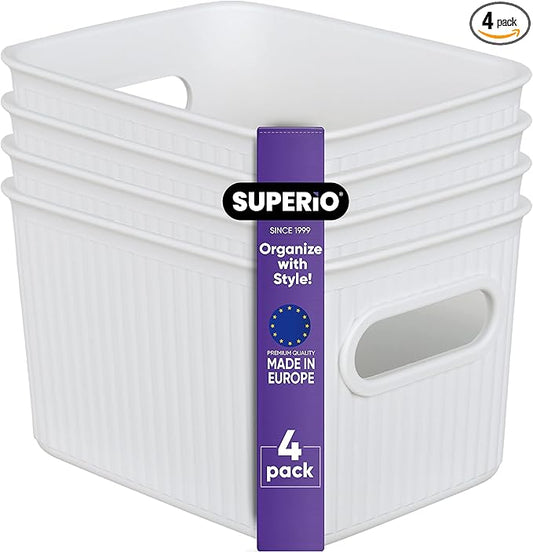 Superio Ribbed Collection - Decorative Plastic Basket Open Home Storage Bins Organizer, Small White (4 Pack) Container Boxes for Organizing Closet Storage Bins for Shelves Drawer Shelf 1.5 Liter