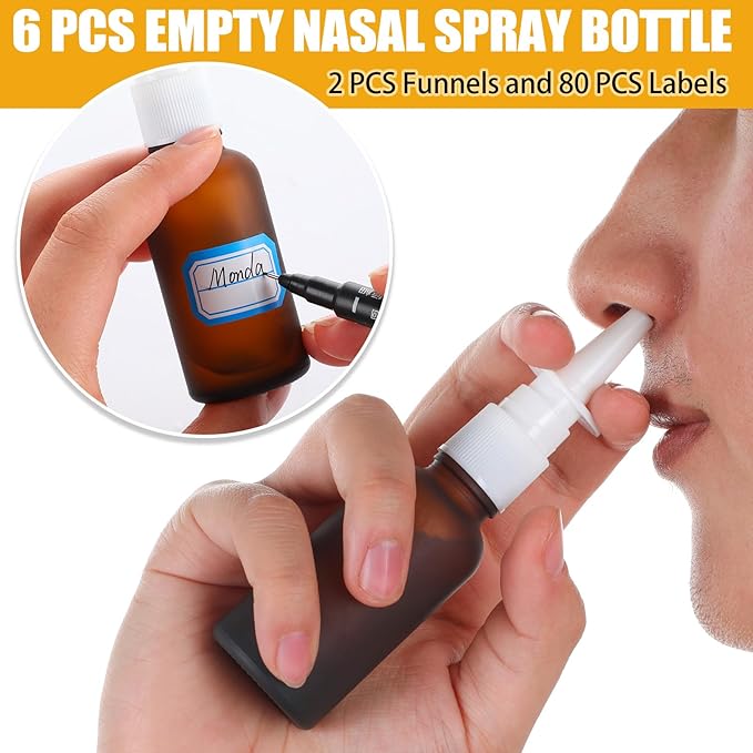 10 Pcs Nasal Spray Bottle Empty, 6 Pcs 30ML/1oz Matte Brown Glass Nose Spray Bottle Empty, 30ML/1oz Nasal Sprayers Atomizers with 2 Funnels and 2 Labels