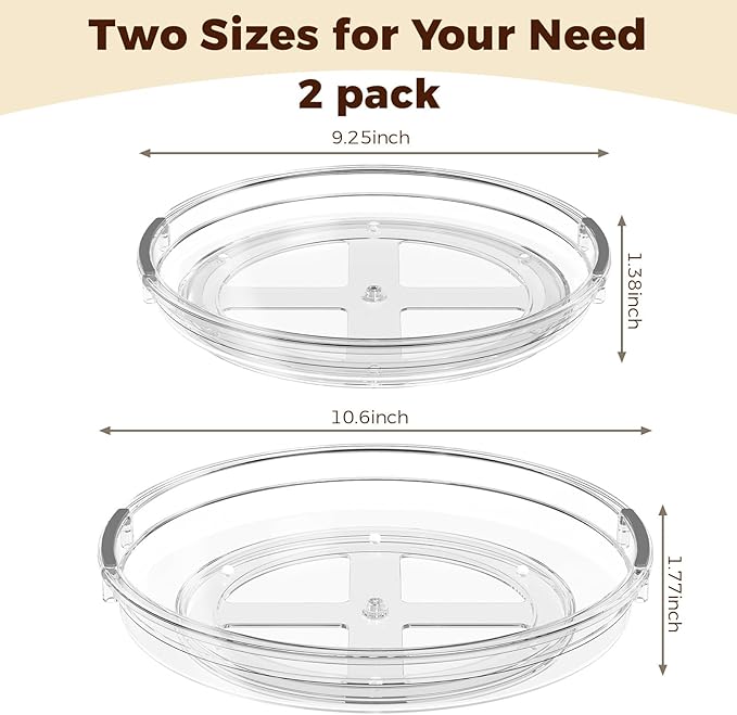 2 Pack Clear Lazy Susan Turntable Organizer for Cabinet, Table Top, Refrigerator, Kitchen Pantry Organizers and Storage, Spice Organizer, 10.6'', 9.25''