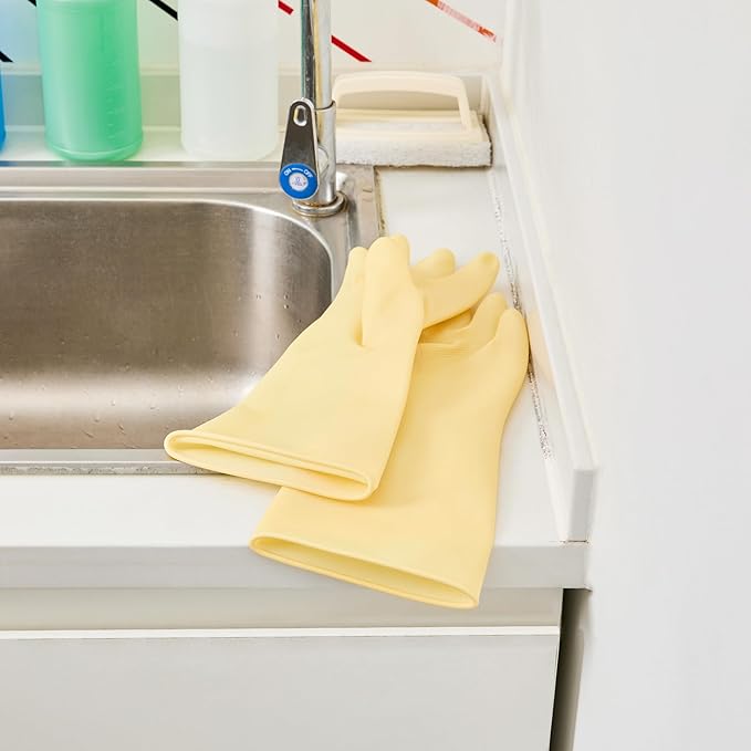 Restaurantware-Clean Tek Professional 22 Mil Medium Cleaning Gloves, 10 Pairs Of Long Cuff Gloves - No-Slip Grip, No-Powder, Yellow Latex Gloves For Kitchen Cleaning, Ideal For Washing Dishes