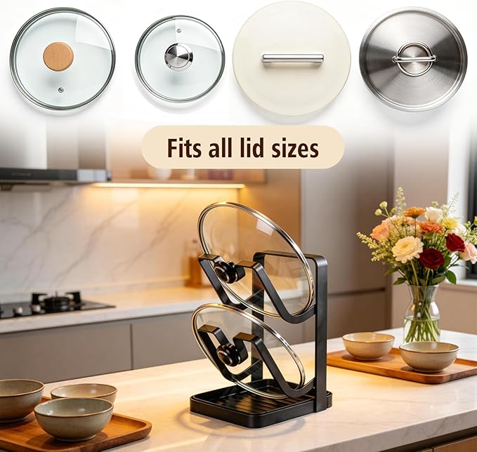 Pot Lid Holder for Countertop with Spoon Rest, Lid and Spoon Rest for Stove Top, 2-in-1 Pot Lid Organizer with Drip Tray, Heat Resistant Utensil Holder for Cooking