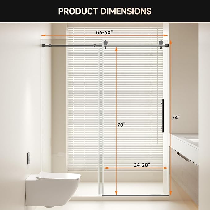 Frameless Shower Door, 56-60" W x 74" H 8mm Single Sliding Shower Door with 5/16" Clear Tempered Glass, Bathroom Glass Door for Walk-in Shower, Black