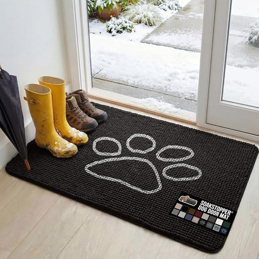 GORILLA GRIP SoakSTOPPER Dog Door Mat, 48x30 Machine Washable Rug Absorbent Doormat Captures Moisture Mud Dirt, Quick Dry Soft Chenille Entryway Rugs Indoor Entrance Mats for Dog Paws, Black White