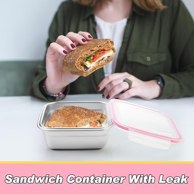 4 Pack Stainless Steel Sandwich Containers with Lids 25.4 oz Metal Food Container for Lunch Boxes with Airtight Silicone Seal for Sandwiches and Snacks(Pink)