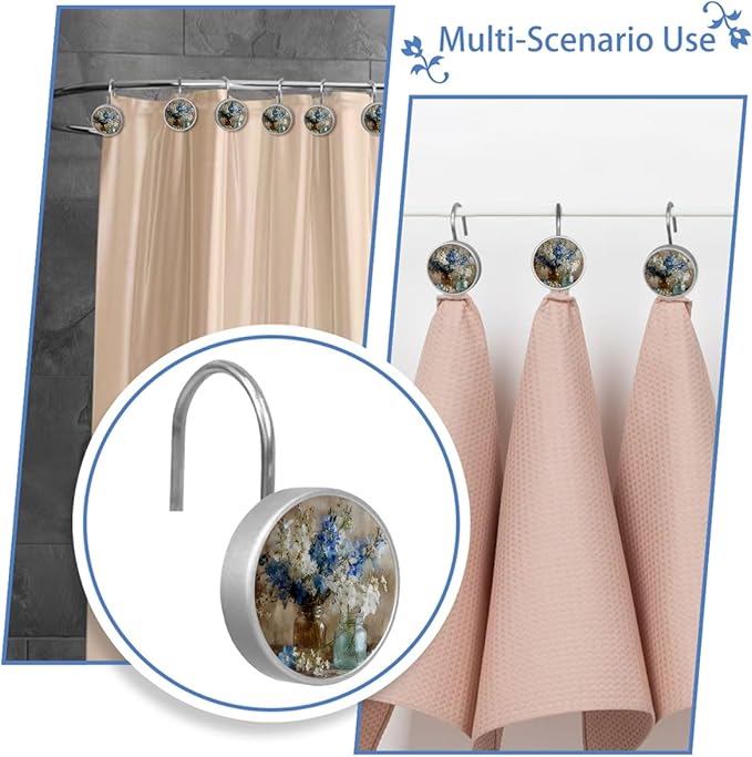 12 Packs Vintage Flowers Vase Shower Curtain Hooks, Stainless Steel Glass Shower Curtain Rings for Bathroom Decor, Metal Rustproof Curtain Rod Hooks