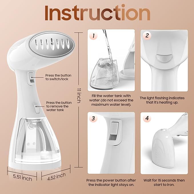 Portable Handheld Steamer for Clothes - 1350W Hand Held Clothes Steamer 15S Fast Heat-up, Heat-Resistant Steam Iron Remove Wrinkles for All Fabrics, 300ml Tank for Travel/Hotel