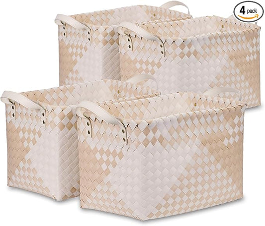 BROWNLILY Handwoven Clothes Basket Laundry Hampers Large Wicker Storage Baskets for Shelves Blankets Closet Storage Bins Car Bedroom Bathroom Organizers and Storage (Pack of 4, Khaki & Ivory White)