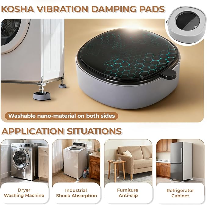 KOSHA Anti Vibration Pads for Washing Machine, 4 Pack Universal Washer Dryer Support Foot Pads, Non-Slip Rubber Feet Stabilizer with Noise Reduction, Floor Protection, Stop Shaking