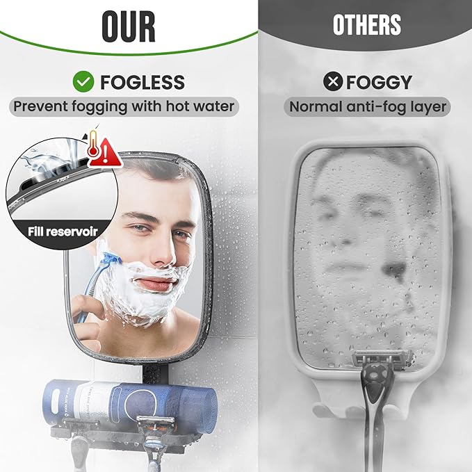 TAILI Fogless Mirror for Shower with Squeegee,Removable Fog Free Suction Mirror with Razor Holder for Shower Accessories,Bathroom, Adjustable,Shatterproof - for Men and Women-Black