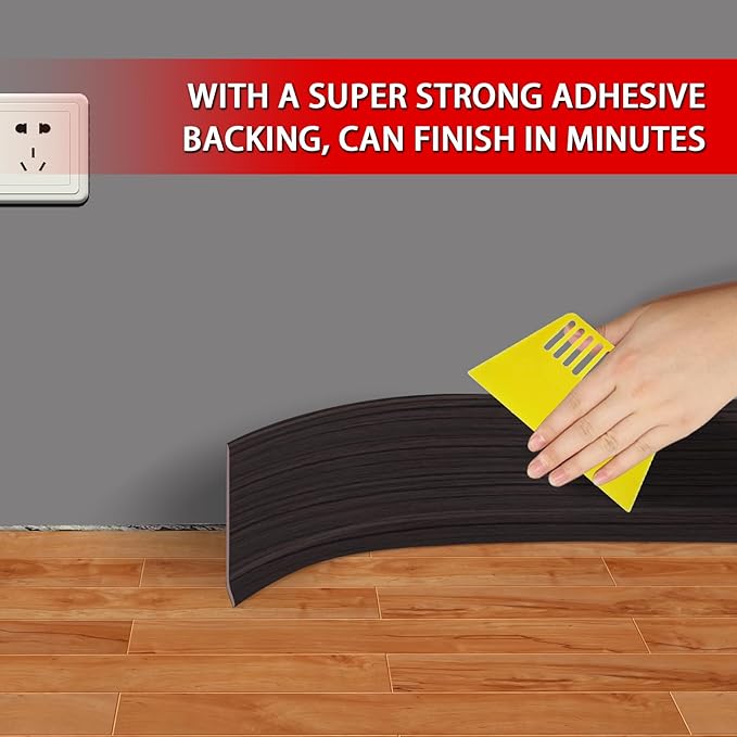 Vinyl Wall Base Baseboard Molding Trim 4" Flexible Self Adhesive Rubber Wall Base Moulding Trim Peel and Stick Design, 4 Inch x 200 Feet, Black Walnut Wood