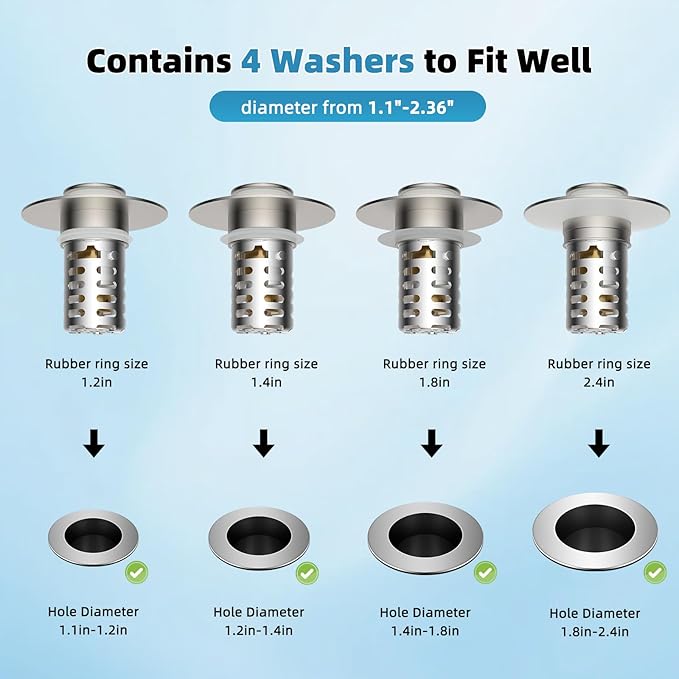 Upgraded Bathroom Sink Drain Strainer Hair Catcher 2PCS Universal 3 in 1 Pop-up Sink Stopper, Fit for 1.1''~2.36'' Basin Hole, with Detachable Stainless Steel Filter Basket, Brushed Nickle