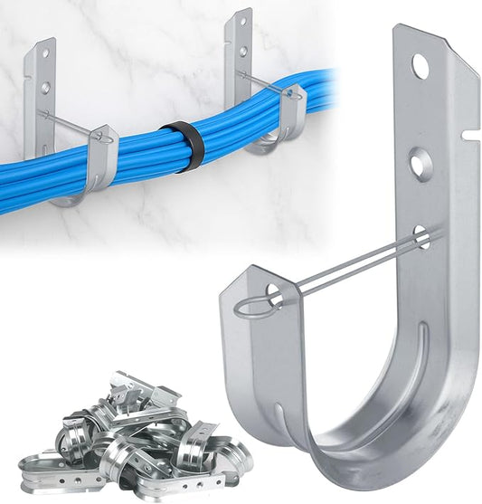 2" Galvanized Steel J-Hooks, Heavy Duty Wall Mount Cable Support J Hook with Retainer Clip for Cable Management (50 PCS)
