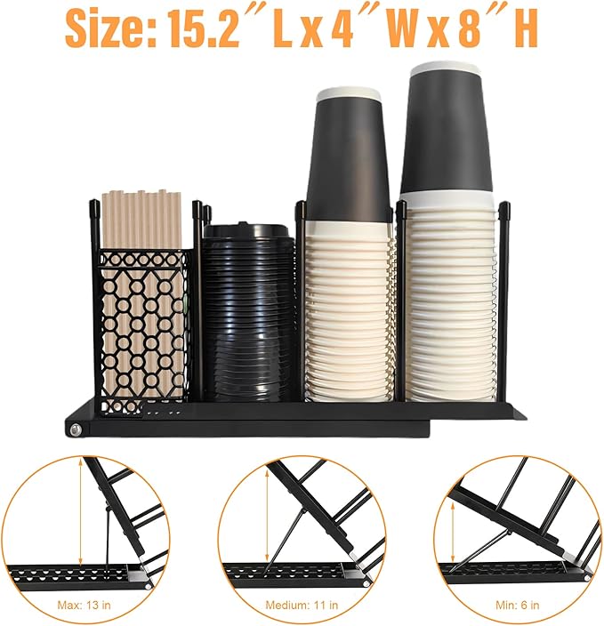 Coffee Cup Holder, Adjustable Cup Dispenser Lid Organizer Rack, 4 Compartment Disposable Paper Plastic Cup and Lid Dispenser with Straw Storage Basket for Coffee Bar Station Breakroom Countertop Black