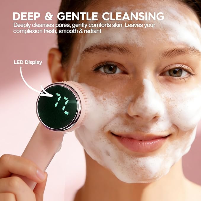 Electric Face Scrubber & Facial Cleansing Brush - 6-in-1 Exfoliating Face Scrubber Kit, 3 Speeds, IPX6 Waterproof Face Brush for Deep Cleaning, Massage & Gentle Exfoliation-Pink