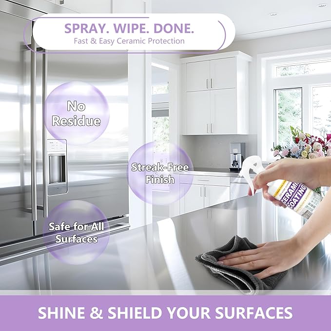 Ceramic Coating Spray 8.66oz – Appliance & Kitchen Protector for Stainless Steel – Fingerprint Resistant Cleaner & Sealer for Sinks, Fridges, Stoves – Easy Cleaning & Long-Lasting Multi-Surface Shine