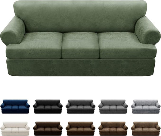 4-Piece T Cushion Sofa Slipcovers - Leather Look Couch Cover for 3 Cushion Couch - Army Green