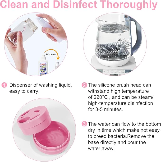 Travel Baby Bottle Brush Set with Extendable Silicone Bottle Brush，Nipple Brush,Staw Brush,Baby Bottle Soap Dispenser,Gift for Newborn Mothers, Suitable for Travel and Home(Peach Pink)