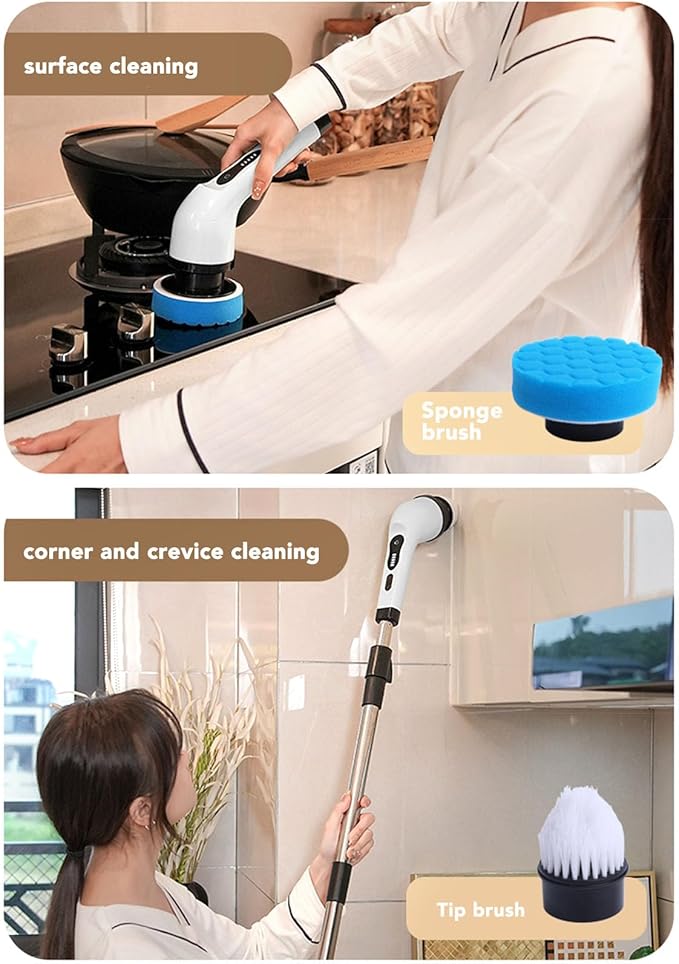 Electric Spin Scrubber, Multifunction Rechargeable Cordless Brush with Adjustable Handle, Replaceable Brush Heads Shower Brush for Bathroom Kitchen