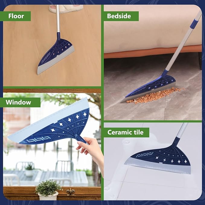 Air Broom for Household Cleaning, Silicone Broom Adjustable Handle, Sweep and Scrape 2-in-1 Squeegee Broom for Wet&Dry Messes, Hair, Liquids, Glass on Smooth Floor, Includes 2 Broom Heads (Blue)