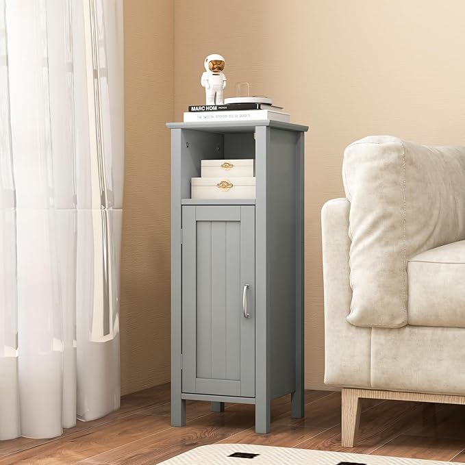 HAPPYGRILL Bathroom Floor Cabinet, Narrow Organizer Console Table Nightstand w/Adjustable Inner Shelves, Freestanding Storage Cabinet for Living Room Kitchen Entryway (Grey)
