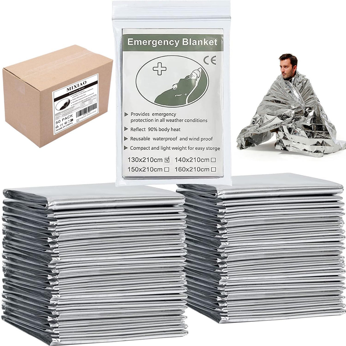 Emergency Foil Blanket 50 Pack Survival Thermal Mylar Reflective - Image 1