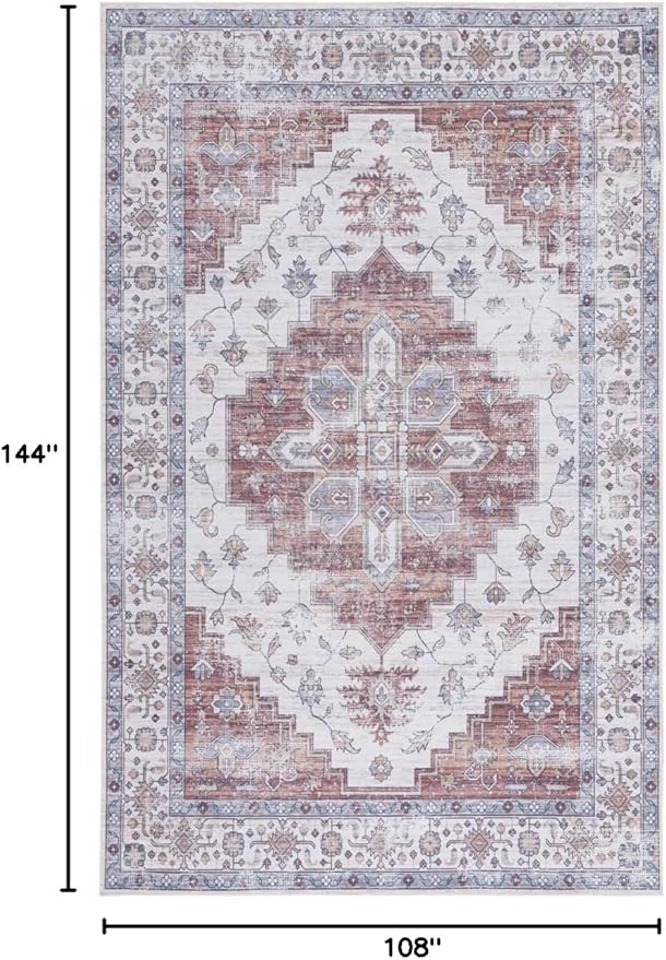 SAFAVIEH Washable Rug Tucson Collection - 9' x 12', Ivory & Rust, Slip Resistant & Easy to Clean, Ideal for Living Room, Bedroom, Dining Space (TSN109A)