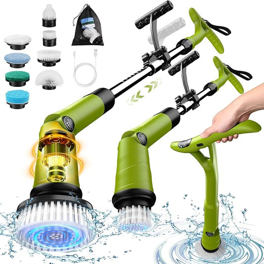 Electric Spin Scrubber, Cordless Cleaning Brush with 8 Brush Heads, 3 Speeds, LCD Display, and Adjustable Extension Handle, IPX7 Waterproof Power Scrubber for Tub Bathroom Floor Tile (Green)