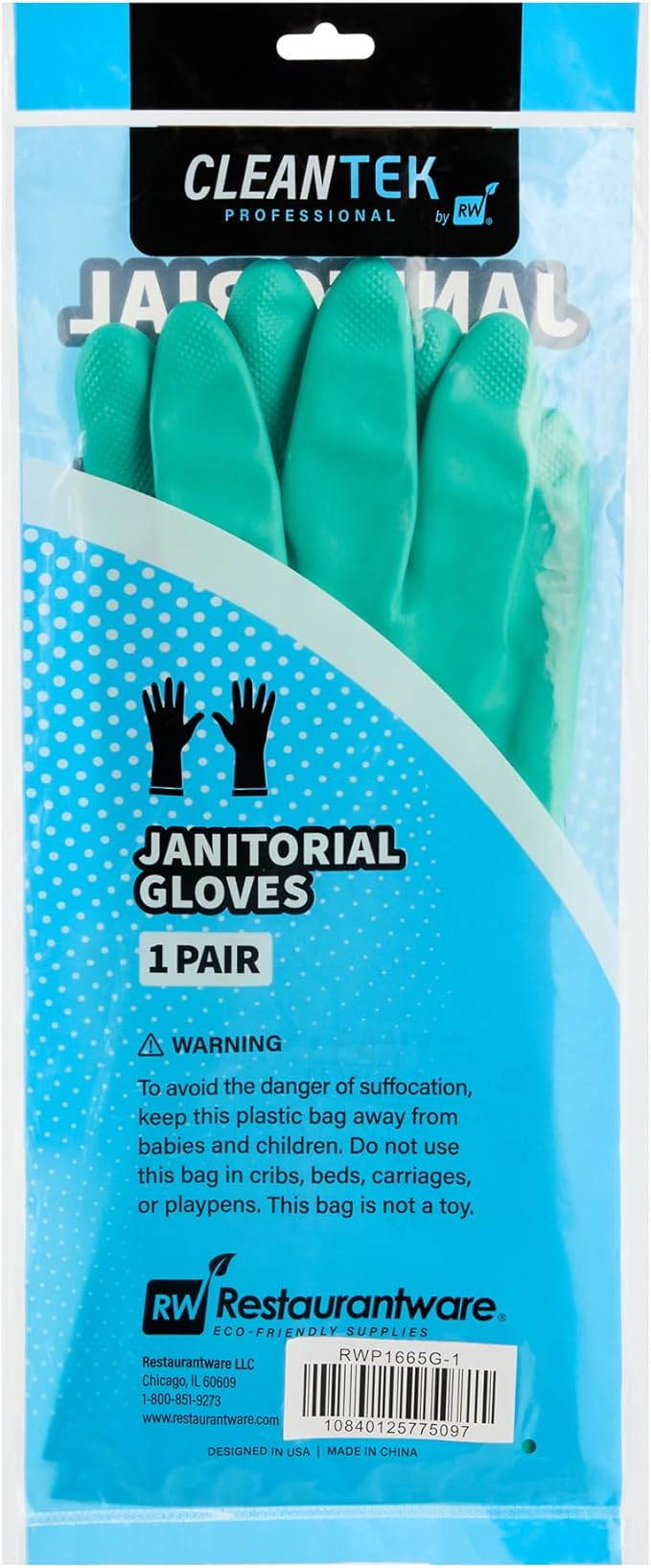Restaurantware-Clean Tek Professional 15 Mil Medium Cleaning Gloves, 1 Pair Of Long Cuff Gloves - Flock Lining, No-Powder, Green Nitrile Chemical Tolerant Gloves, No-Latex, Heavy-Duty Tasks