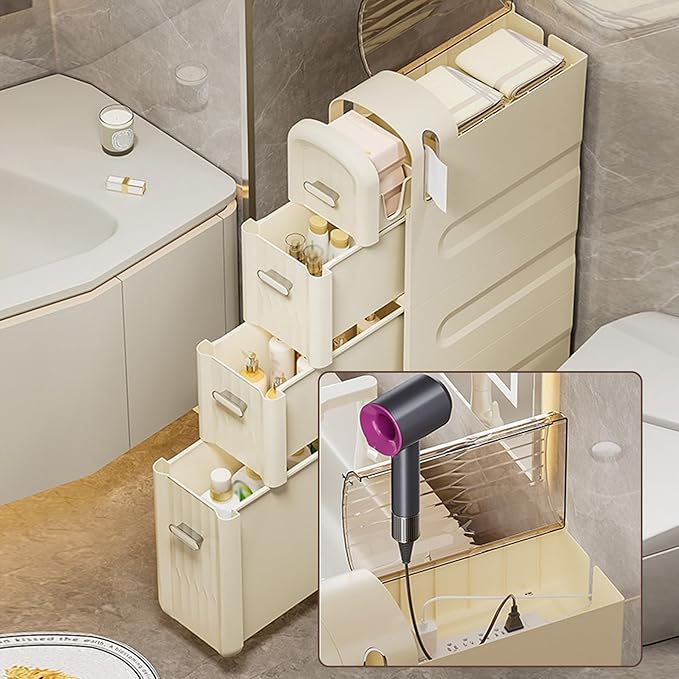 4 Tiers Narrow Slim Bathroom Floor Cabinet,Rolling Storage Cart with Toilet Paper Holder,Slim Bathroom Storage Cabinet for Small Space Kitchen Living Room