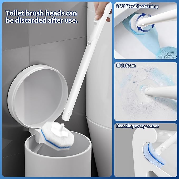 Disposable Toilet Brush Set with 70 Refills, Wall-Mounted Toilet Bowl Wand Kit-1 Extend Toliet Wand, 1 Storage Holder&70 Disposable Refill Pre-Filled Cleaning Solution for Deep Cleaning Toilet,1 Pack