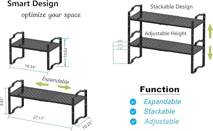 Expandable Shelf for Cabinet Organizer Adjustable Stackable Spice Rack at Kitchen and Bathroom More, Counter Countertop Cupboard Organization Pantry Storage (1 Pack/Black, Large)