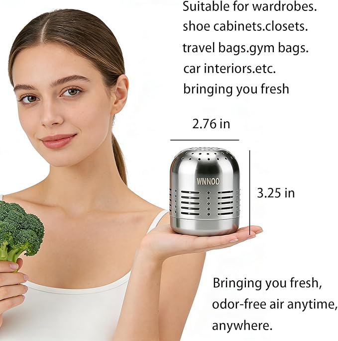 WNNOO Refrigerator Deodorizer，Lasts for 10 Years，Stainless steel Fridge Deodorizer More Effective Than Baking Soda Bamboo Air Purifying Bagsz ，Refrigerator Odor Eliminator Silver color。