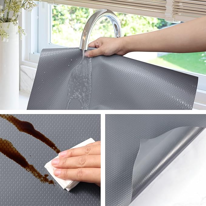Shelf Liners for Kitchen Cabinets Refrigerator Liners Waterproof & Oil-Proof Kitchen Cupboard Liner Non-Slip Drawer Mats Non Adhesive Fridge Liner for Shelves - Gray 17.5 x 78.7 Inches